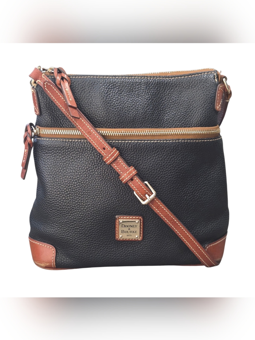 Dooney & Bourke Black Pebbled Leather Crossbody Bag with Brown Trim